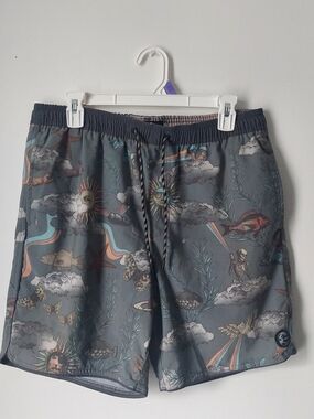 O'Neill Men's Gray Patterned Swim Trunks with Teal and Coral Accents Sun Skull L